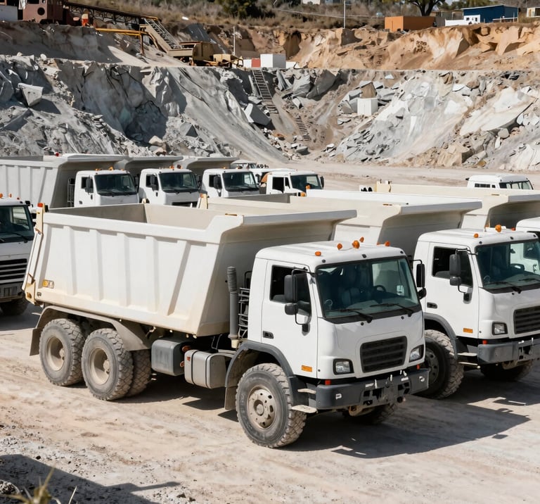 A fleet of heavy-duty white dump trucks lined up at an active quarry site in Hidalgo, harsh midday sun casting deep shadows, industrial documentary style