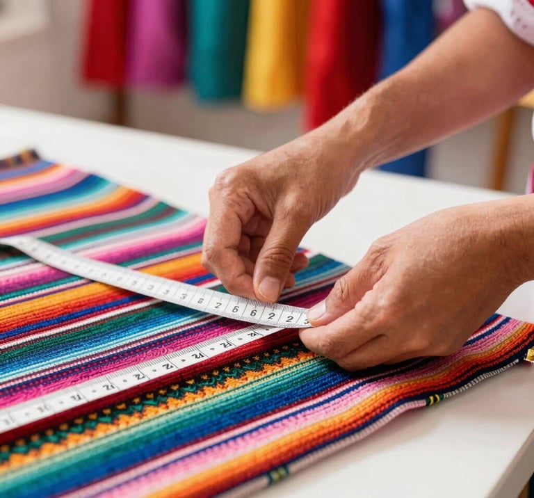 Sastre utiliza una cinta métrica sobre una tela coloridas para un diseño textil a la medida