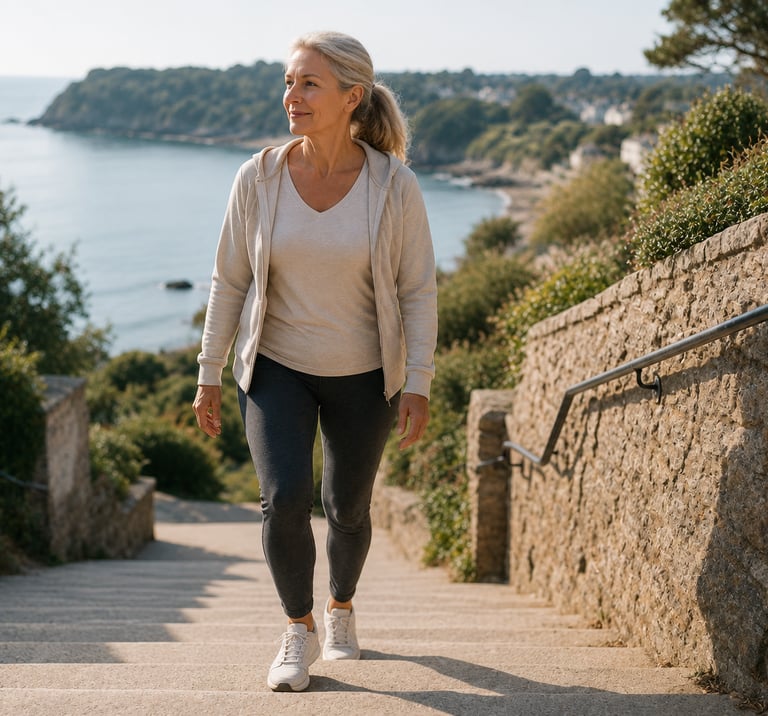 Femme 40+ en promenade sur les escaliers côtiers
