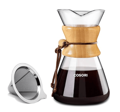 Cosori pour-over coffee maker with double-layer stainless steel filter glass carafe non-toxic
