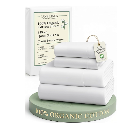 Lane Linen organic cotton percale sheets in white, GOTS certified and breathable.