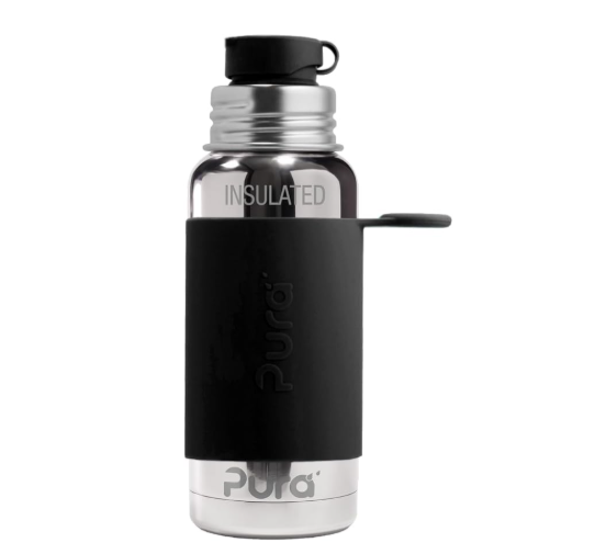 Pura 16oz insulated stainless steel water bottle with silicone sleeve and plastic-free sport cap