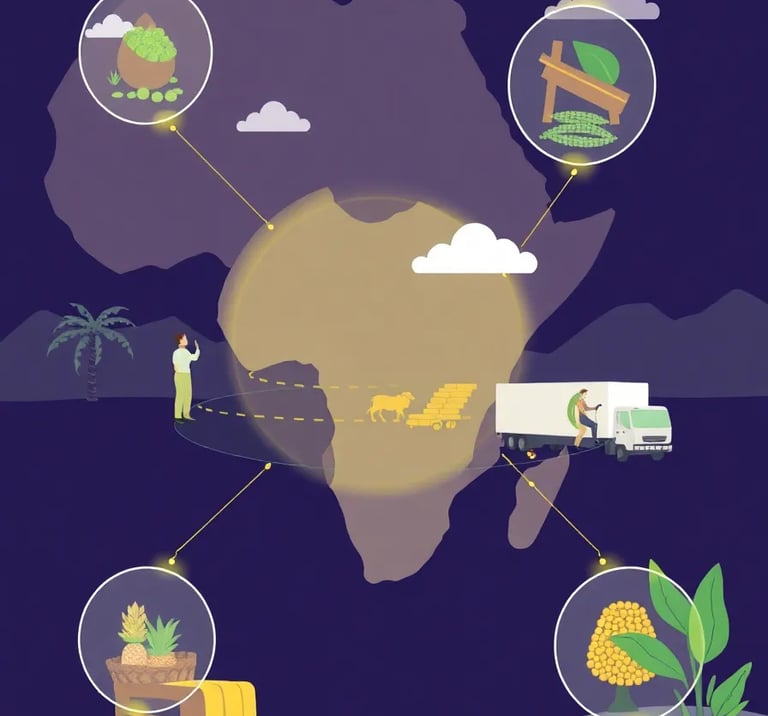 a graphical representation of africa with a globe with elements showing agricultural value chain