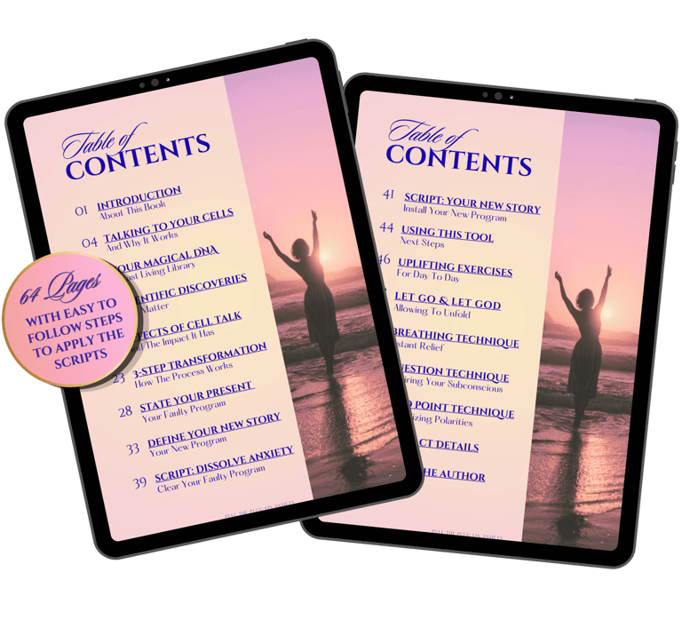 2 pages table of contents of the ebook "Pull The Plug On Anxiety" shown both slightly tilted towards each other in a tablets