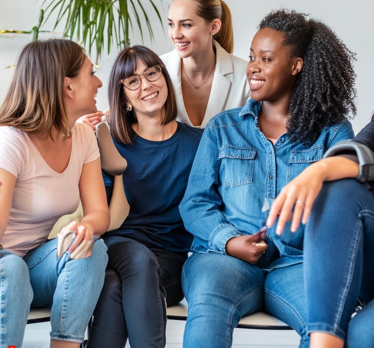 5 femmes assises en groupe, souriantes qui parlent ensemble 