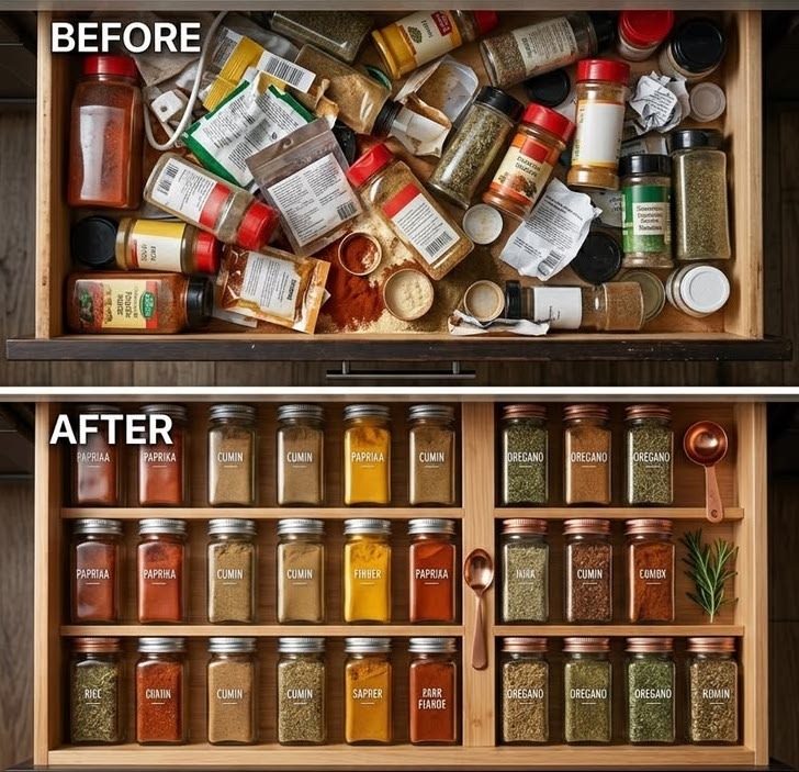 before and after spice organization small kitchen