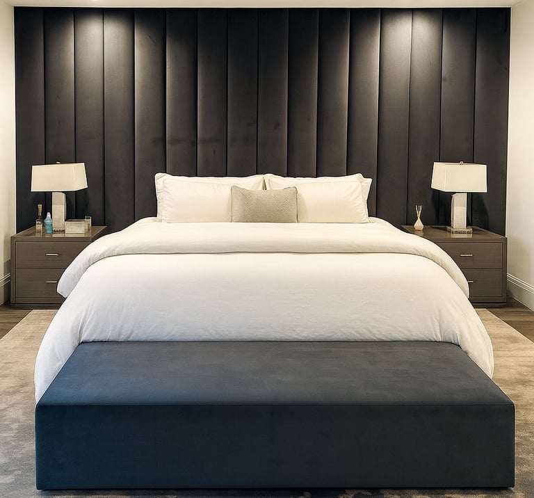 Modern bedroom with full-wall panels and a bench at the foot of a California king bed by Solo Home Decor