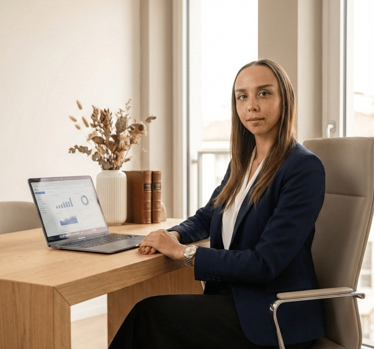 esperta di marketing e strategia aziendale seduta alla scrivania analizza i dati e crea la comunicazione aziendale