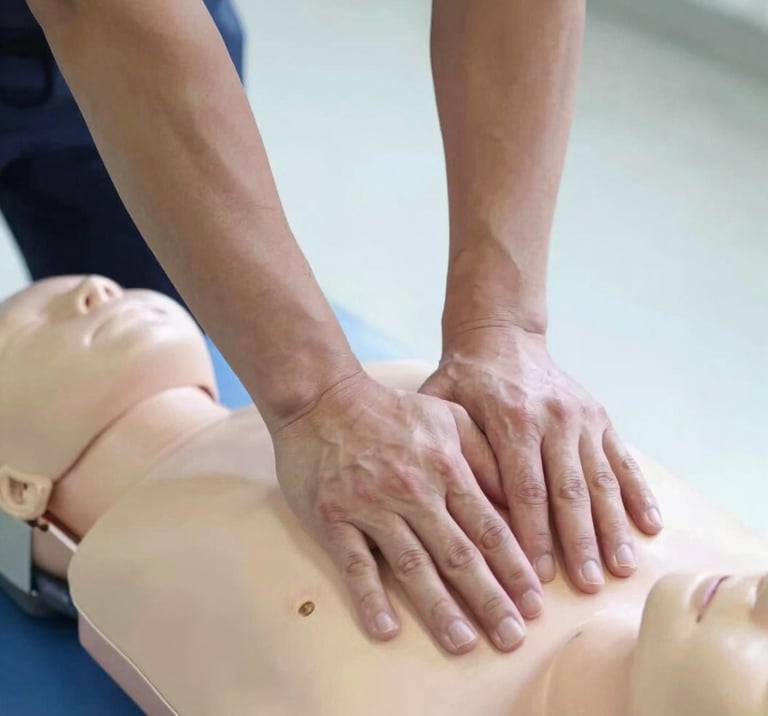 Close-up of two hands applying firm chest compression on a training mannequin on a clinical floor, bright indoor lighting, instructor's forearms visible in sharp focus, concentration visible in body posture, documentary-style framing