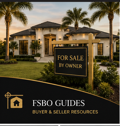 Luxury modern home with a For Sale By Owner sign and FSBO buyer and seller resources text.