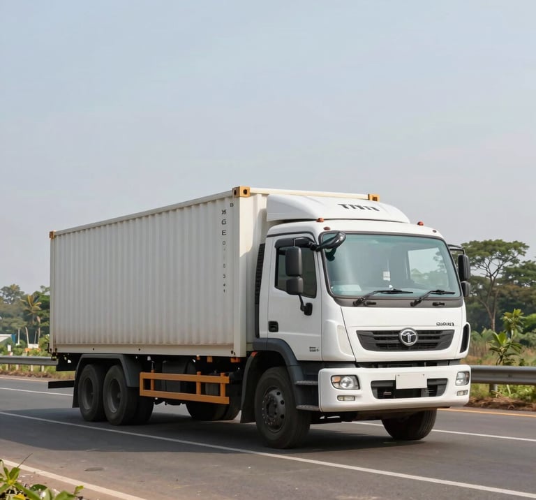 Wide-angle daylight photo of a modern Tata Signa container truck driving on a clean Indian highway in Maharashtra, bright natural light, realistic road carrier.