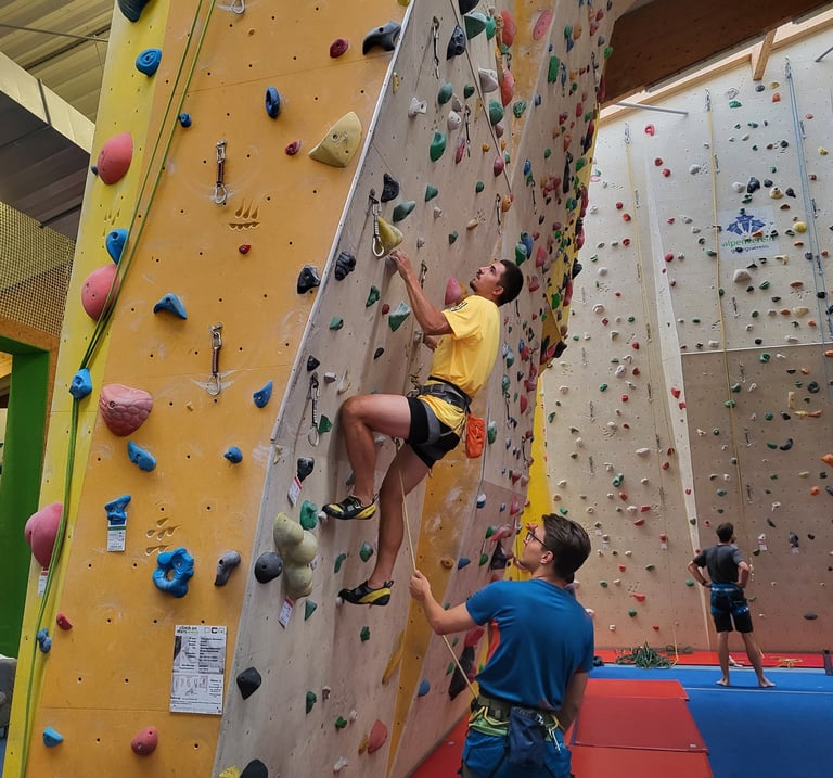 Lead Climbing Course Vienna: Participant climbing in lead and being belayed by his partner