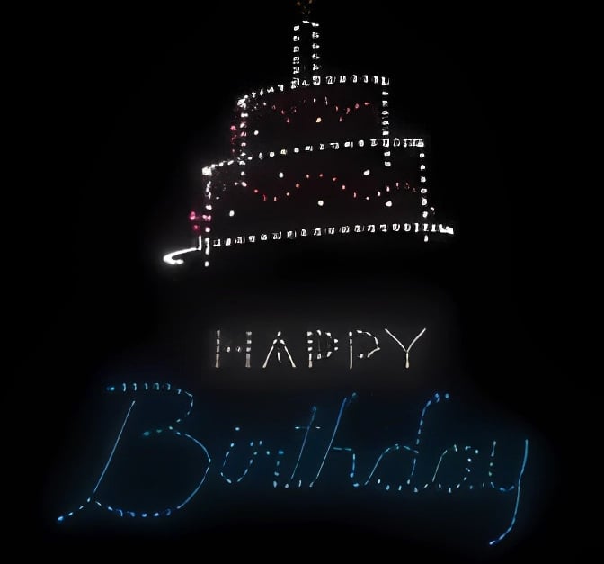 Drone show forming a birthday cake and Happy Birthday message in the night sky by SkyFiesta Malaysia