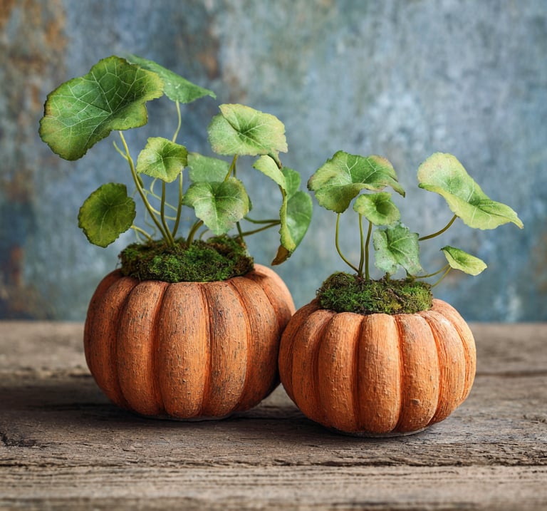 two small pumpkins with plants growing in them