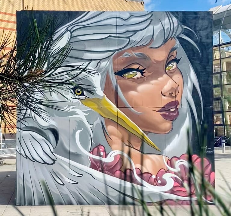 Heron’s Grace - Mural in Southend, muralism, street art, urban art by Ona Salvador