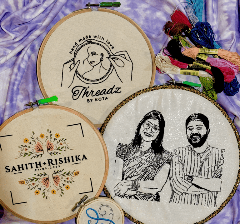 A group of embroidered portrait, initials & logo