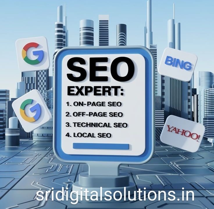 SEO expert services graphic highlighting on-page SEO, off-page SEO, technical SEO, and local SEO.