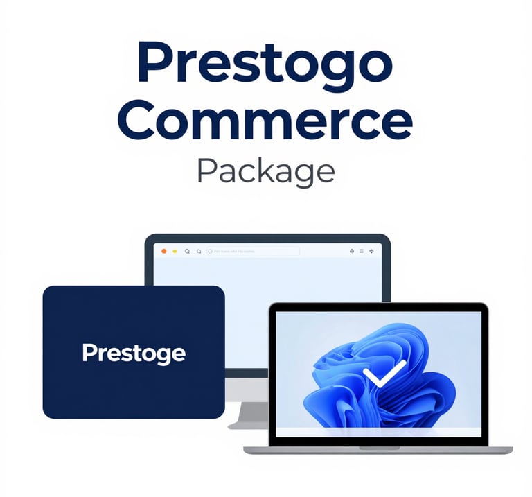 A glowing framed pricing card in dark mode highlighting the Prestige Commerce package.