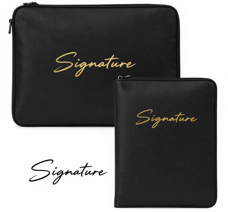 Minimalist dark mode card with silver accents illustrating the Signature Custom package.