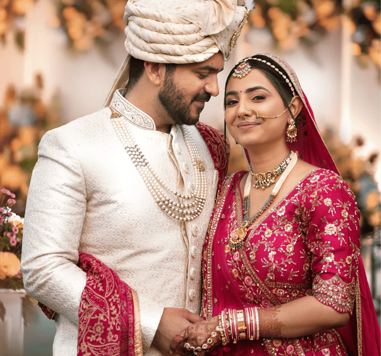 "Traditional Indian wedding photo of a smiling bride in a red and gold embroidered lehenga, & groom