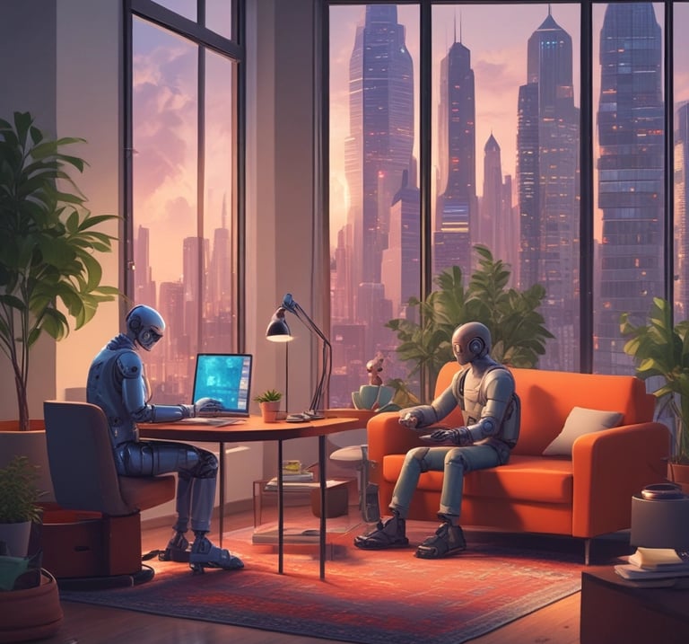 A modern interior with several people interacting with technology, including a digital currency ATM. One person is using a laptop at a table, another is standing at an ATM, and others are using their phones.