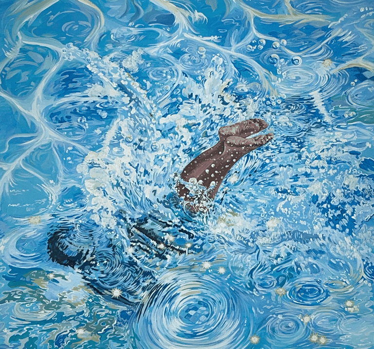 a painting of a person diving in the water