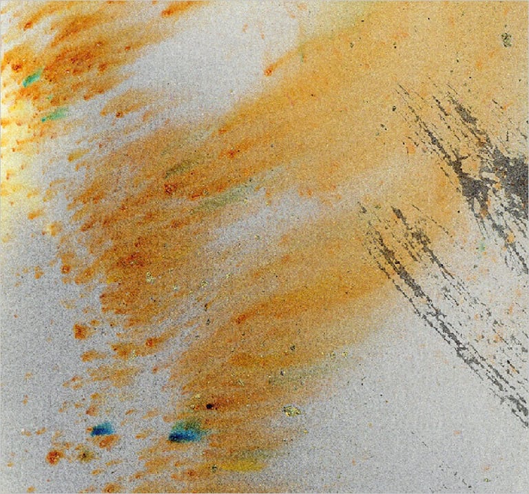 Yuge Kurt, fragment of watercolor painting in art gallery. Canvas with gold. Earthy muted tones.