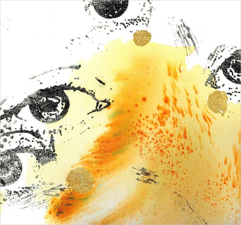 Yuge Kurt, fragment of watercolor painting in art gallery. Canvas with gold. Earthy muted tones.