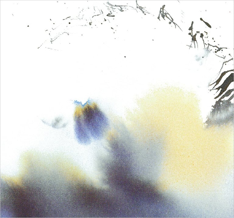 Yuge Kurt, fragment of watercolor painting in art gallery. Calligraphy. Jewel tones with neutrals