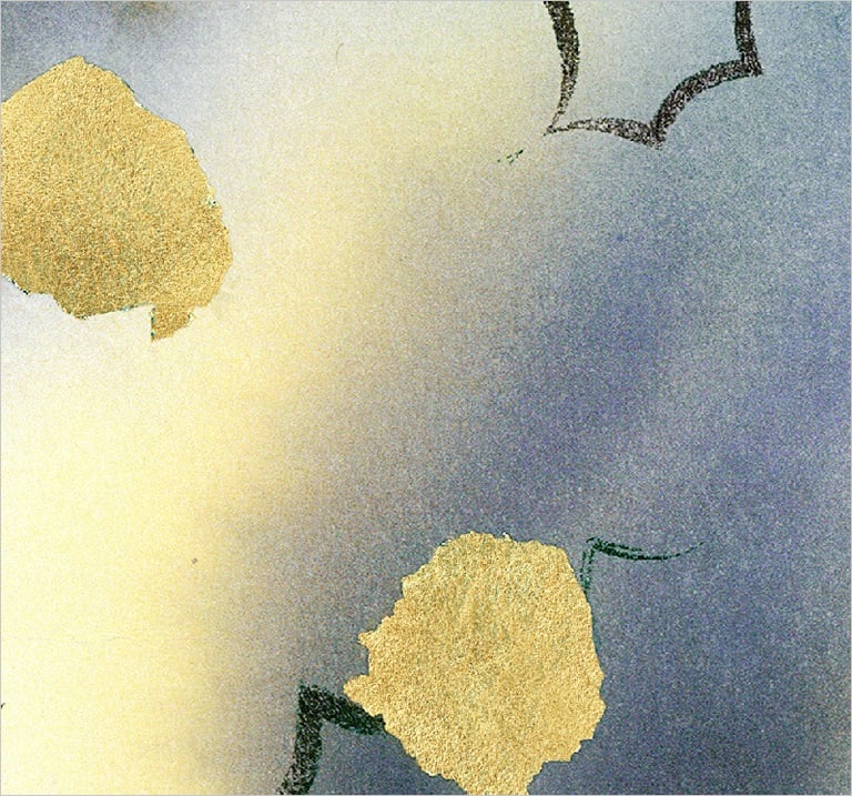 Yuge Kurt, fragment of watercolor painting in art gallery. Canvas with gold. Calligraphy