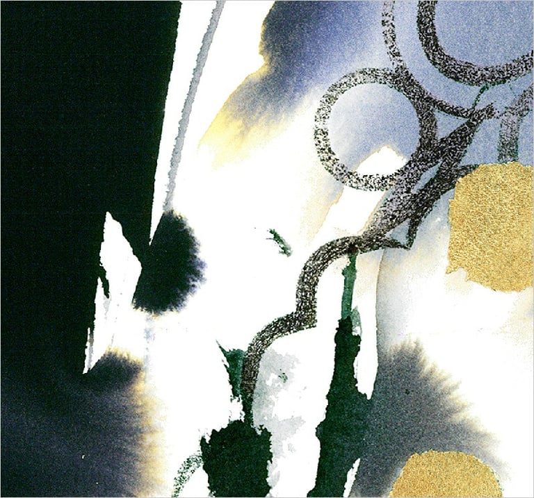 Yuge Kurt, fragment of watercolor painting in art gallery. Canvas with gold. Calligraphy