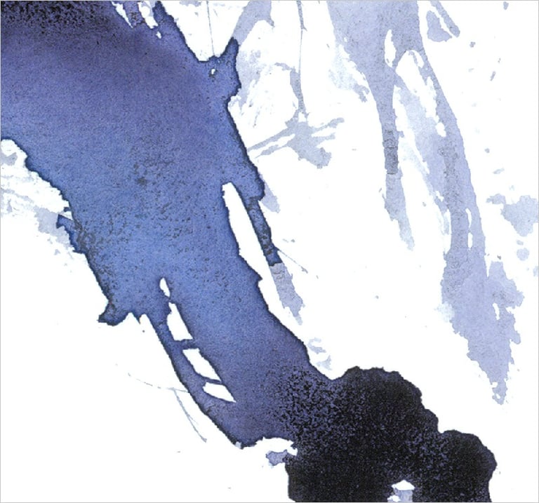 Yuge Kurt, fragment of watercolor painting in art gallery. Abstract flowers. Calligraphy