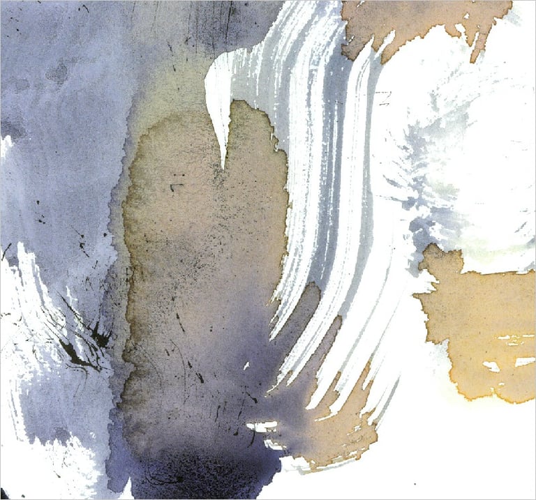 Yuge Kurt, fragment of watercolor painting in art gallery. Abstract flowers. Calligraphy