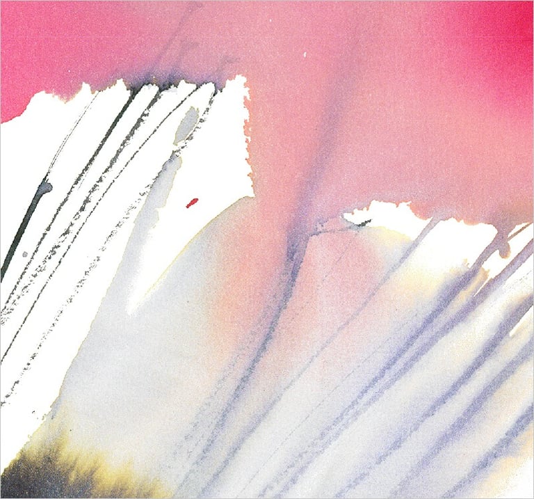 Yuge Kurt, fragment of watercolor painting in art gallery. Abstract red flowers. Calligraphy