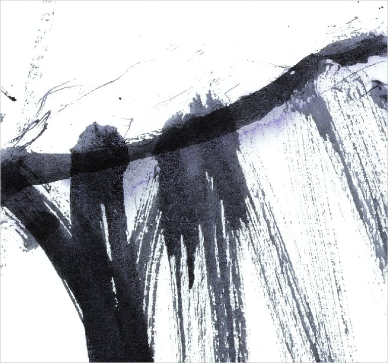 Yuge Kurt, fragment of watercolor painting in art gallery. Calligraphy. Jewel tones with neutrals