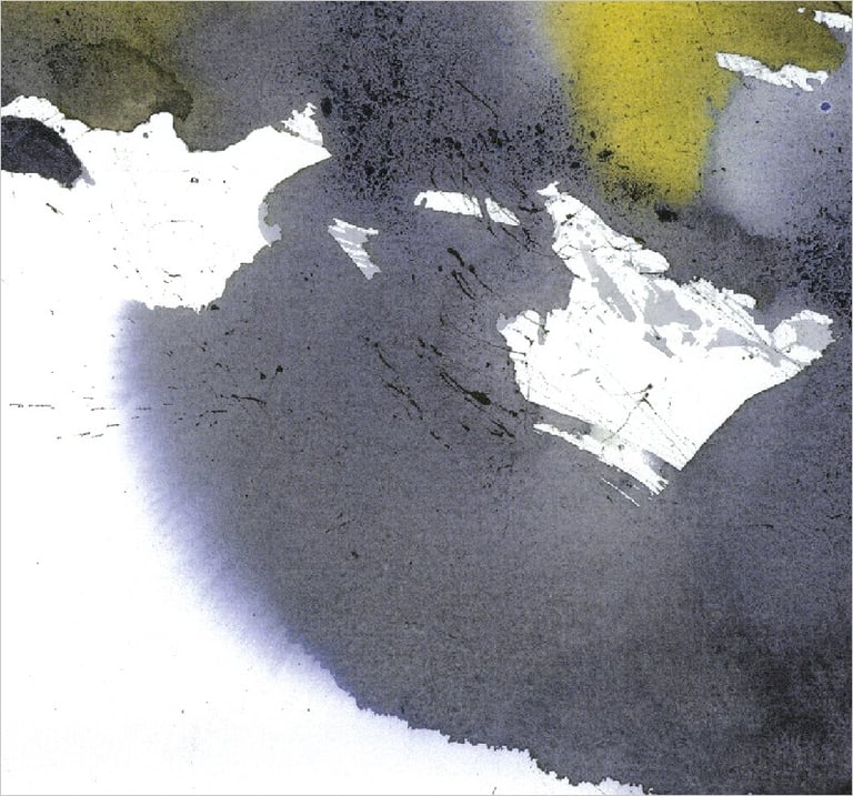 Yuge Kurt, fragment of watercolor painting in art gallery. Abstract flowers. Calligraphy