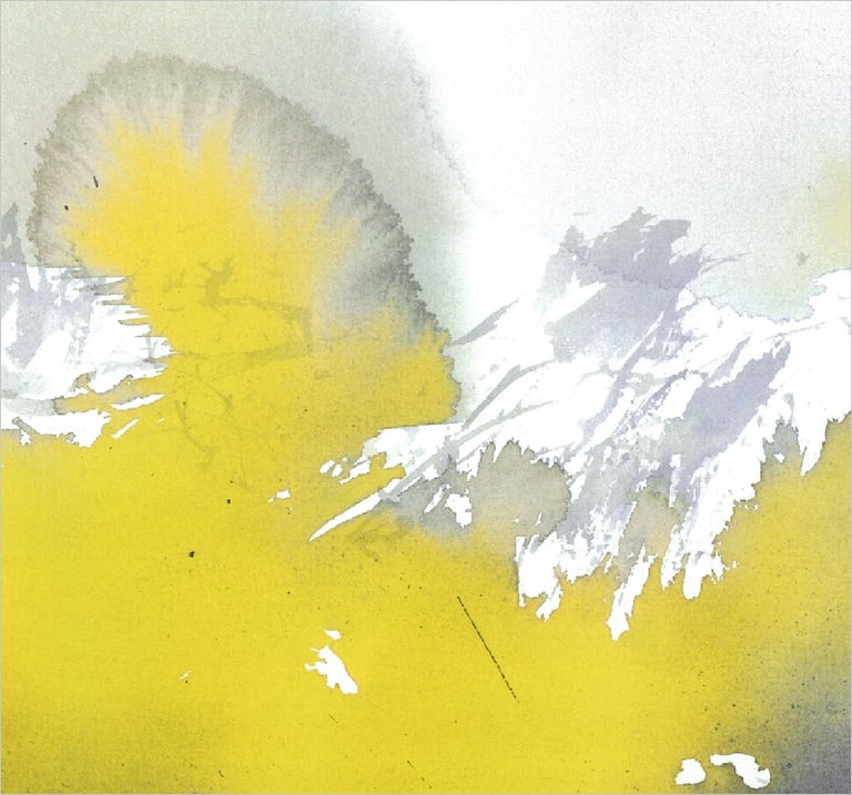 Yuge Kurt, fragment of watercolor painting in art gallery. Abstract flowers. Calligraphy