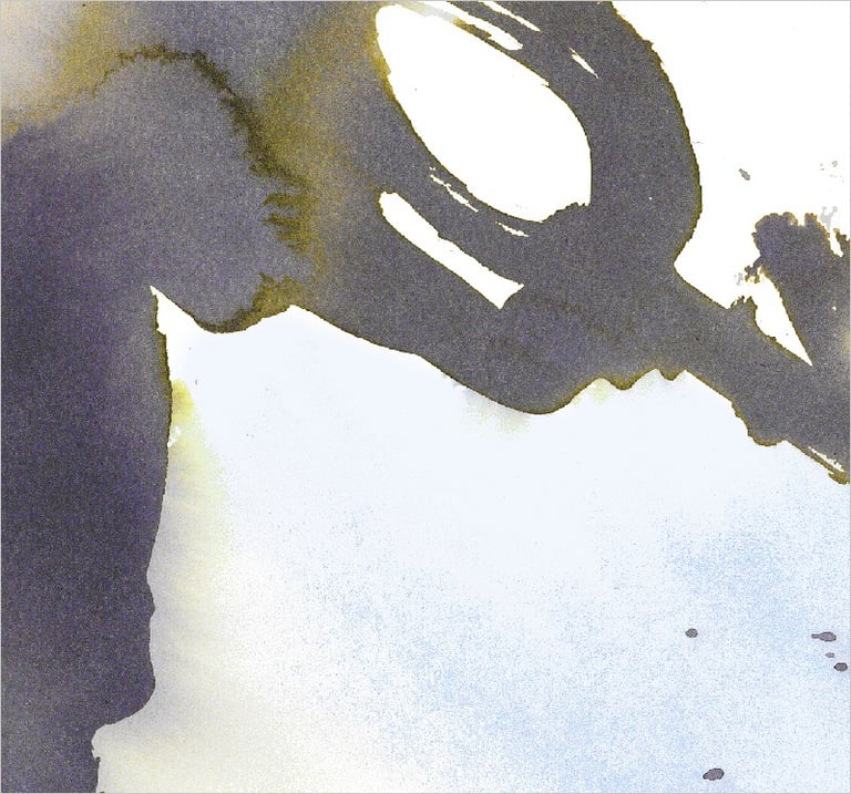Yuge Kurt, fragment of watercolor painting in art gallery. Abstract flowers. Calligraphy