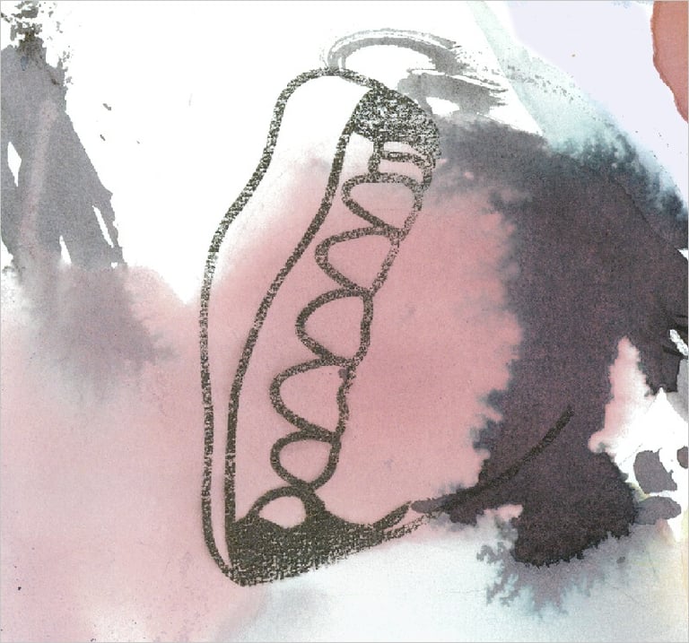 Yuge Kurt, fragment of watercolor painting in art gallery. Conceptual canvas. Earthy muted tones.