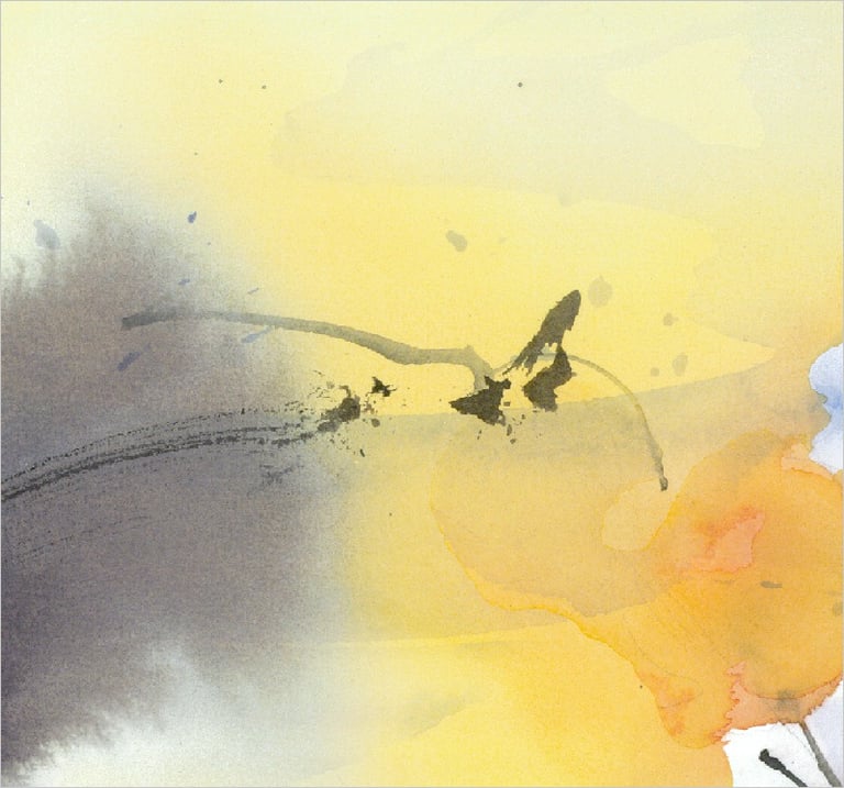 Yuge Kurt, fragment of watercolor painting in art gallery. Conceptual canvas. Earthy muted tones.