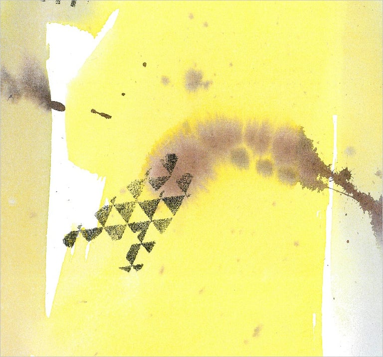 Yuge Kurt, fragment of watercolor painting in art gallery. Canvas for interior. Colorful design
