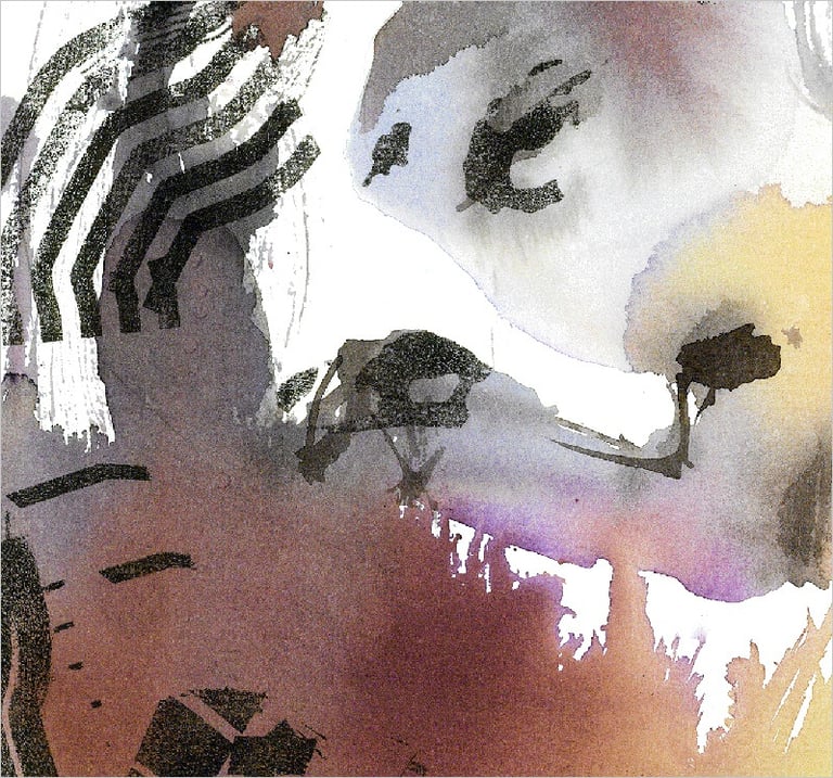 Yuge Kurt, fragment of watercolor painting in art gallery. Canvas for interior. Colorful design