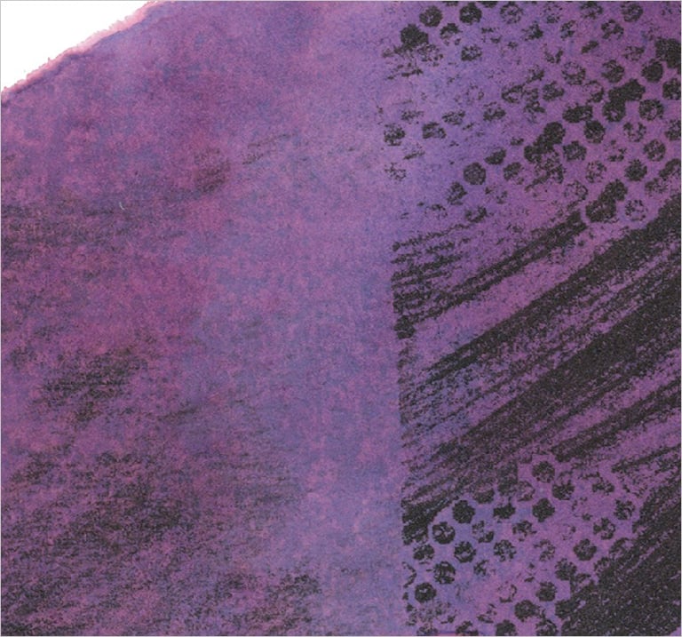 Yuge Kurt, fragment of watercolor painting in art gallery. Figurative composition. Yellow, purple
