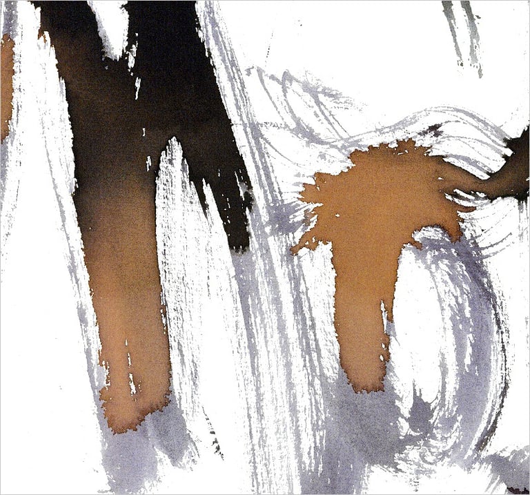 Yuge Kurt, fragment of watercolor painting in art gallery. Calligraphy. Jewel tones with neutrals
