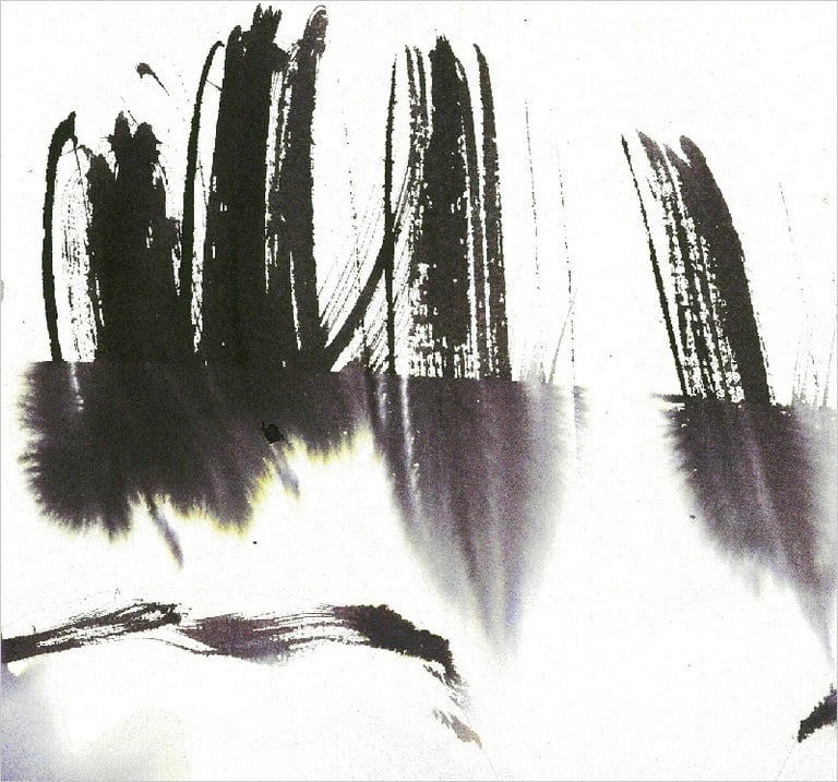 Yuge Kurt, fragment of watercolor painting in art gallery. Calligraphy. Jewel tones with neutrals