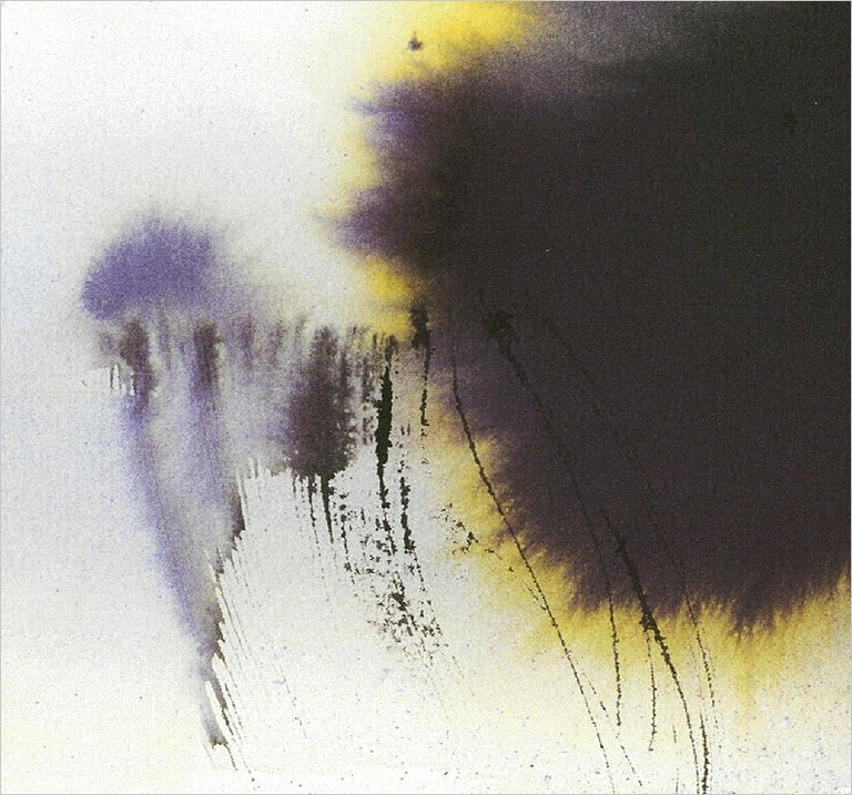 Yuge Kurt, fragment of watercolor painting in art gallery. Calligraphy. Jewel tones with neutrals