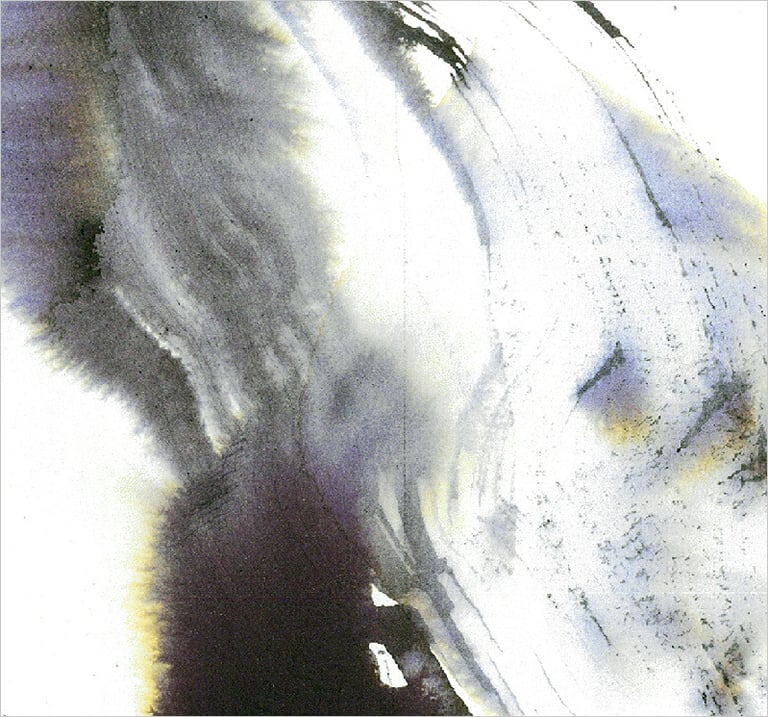 Yuge Kurt, fragment of watercolor painting in art gallery. Portrait. Light airy blue tones