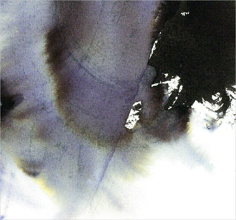 Yuge Kurt, fragment of watercolor painting in art gallery. Calligraphy. Jewel tones with neutrals