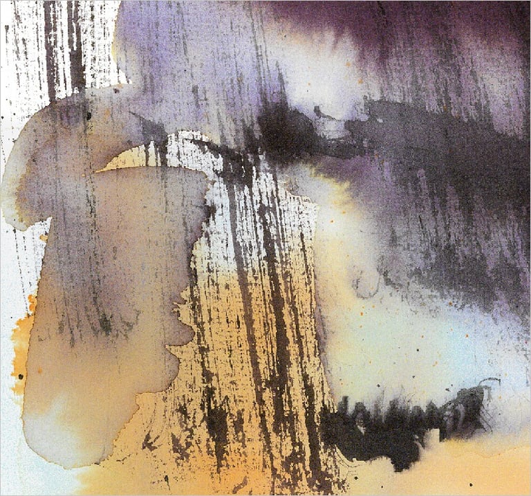 Yuge Kurt, fragment of watercolor painting in art gallery. Fashion. Earthy muted tones.