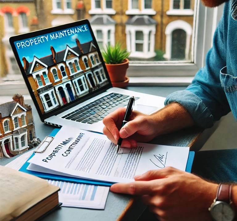 A London landlord reviewing a property maintenance contract, sitting at a desk with a laptop showing